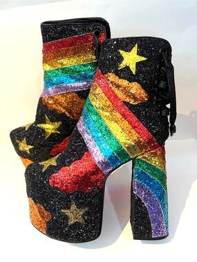 Current Mood Black Glitter Platform Ankle Boots with Rainbow Sparkle